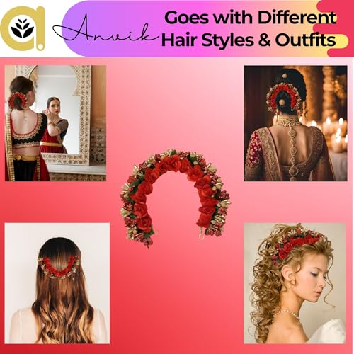 ANVIK Fancy Party Bridal Wedding Fabric/Artificial Rose Flower Bun Juda Hair Gajra for Women Flower Floral Hair Accessories for women Veni for hair (Red) - Image 4