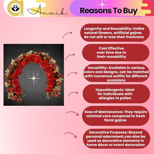 ANVIK Fancy Party Bridal Wedding Fabric/Artificial Rose Flower Bun Juda Hair Gajra for Women Flower Floral Hair Accessories for women Veni for hair (Red) - Image 5