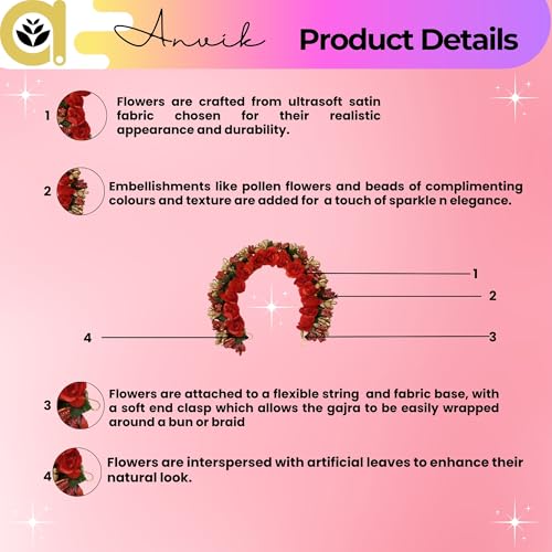 ANVIK Fancy Party Bridal Wedding Fabric/Artificial Rose Flower Bun Juda Hair Gajra for Women Flower Floral Hair Accessories for women Veni for hair (Red) - Image 2