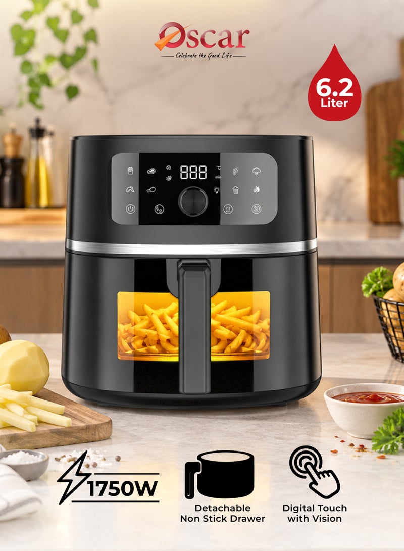 OSCAR Digital Air Fryer 6.2L, 1750W, Touch Control with Viewing Window, Non-Stick Detachable Basket & Frying Rack, Oil-Free Healthy Cooking  – OAF902 | 2 Year Warranty - Image 1