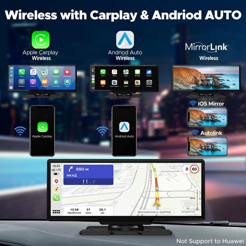 LAMTTO 9.26" Wireless Carplay and Android Auto with 2.5K Dash Cam, 1080P Backup Camera, Portable Touchscreen GPS Navigation for Car, Car Stereo Receiver with Bluetooth,AirPlay,AUX,FM,Googel,Siri - Image 2