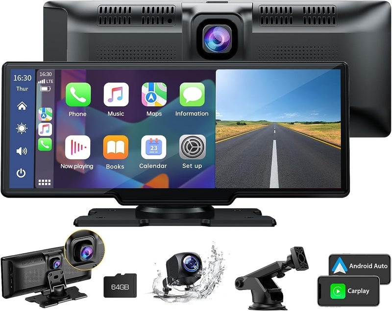 LAMTTO 9.26" Wireless Carplay and Android Auto with 2.5K Dash Cam, 1080P Backup Camera, Portable Touchscreen GPS Navigation for Car, Car Stereo Receiver with Bluetooth,AirPlay,AUX,FM,Googel,Siri - Image 1