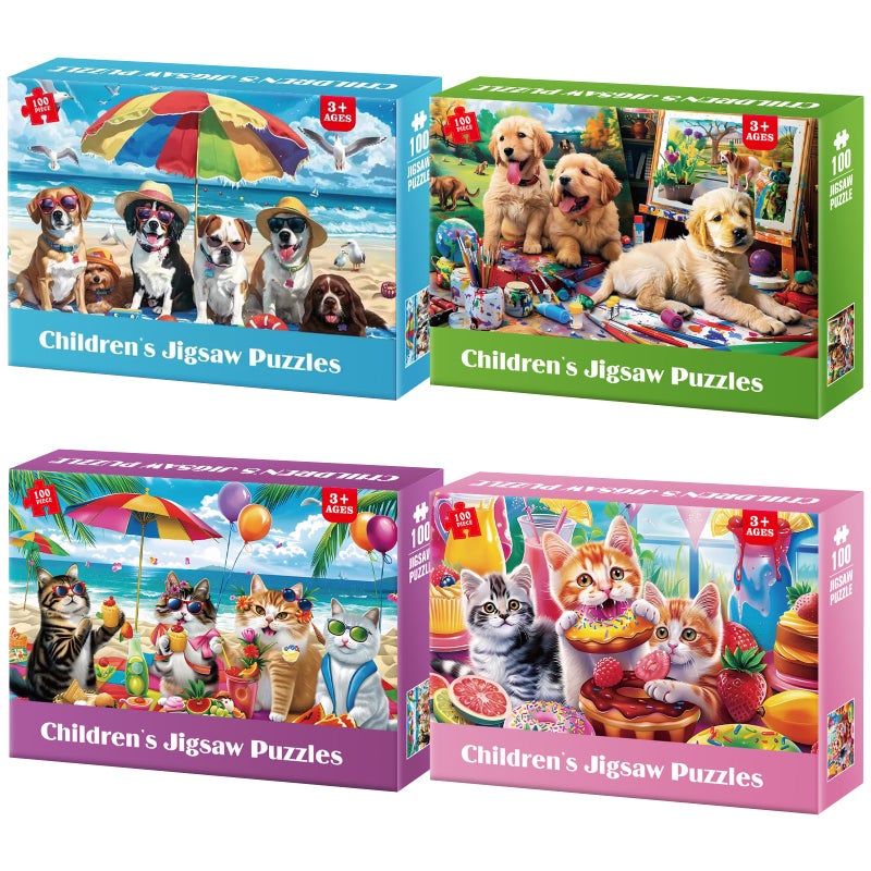 Jeacirio 4Pack 100 Piece Puzzles for Kids Ages 46 Cats Dogs Puzzles for Kids Ages 68 Kid Puzzle Educational Search Find Toy Preschool Large Piece Puzzle for Adults Seniors - Image 3