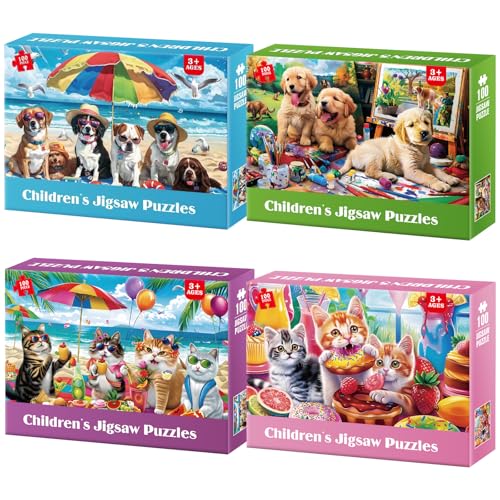 Jeacirio 4Pack 100 Piece Puzzles for Kids Ages 46 Cats Dogs Puzzles for Kids Ages 68 Kid Puzzle Educational Search Find Toy Preschool Large Piece Puzzle for Adults Seniors - Image 1