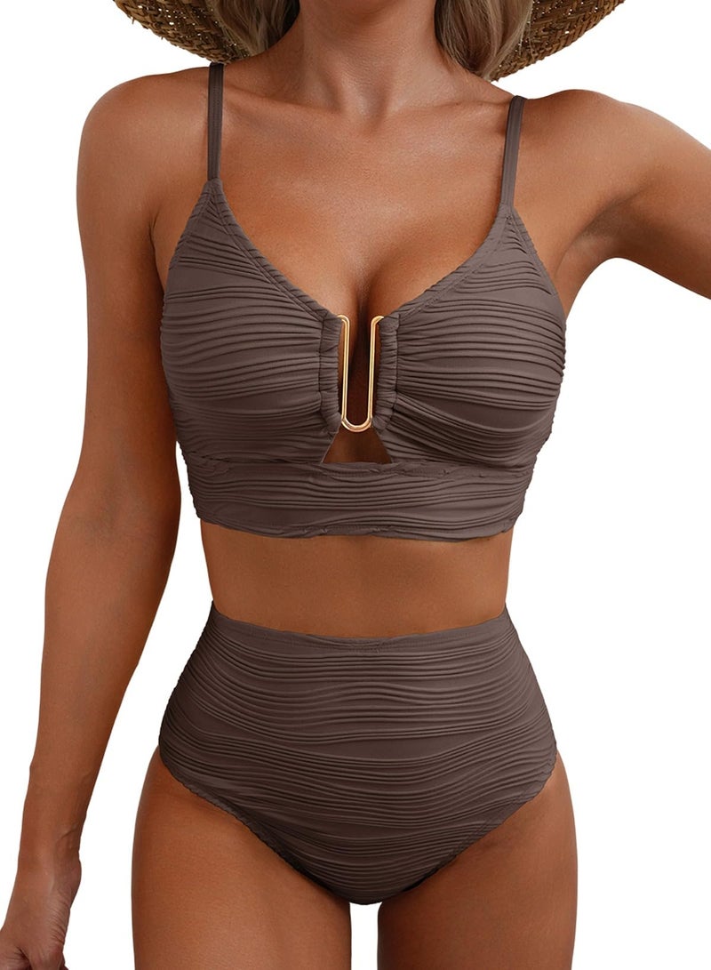 Herseas Women's Textured Popular Bikini Set Metal U Wire High Cut Swimwear Ribbed Sexy 2 Piece Tankini Swim Suits Sporty 2026 Beach Vacation Outfits Deep Brown Medium - Image 1