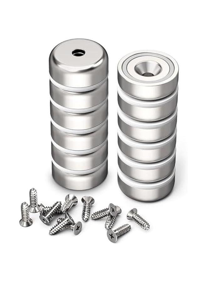 Neodymium Round Base Cup Magnets with Heavy Duty Countersunk Hole, 60 lbs Strong Rare Earth Magnets with Screws for Refrigerator, Office, DIY, Craft, Dia-1 Inch, Pack of 12 - Image 1