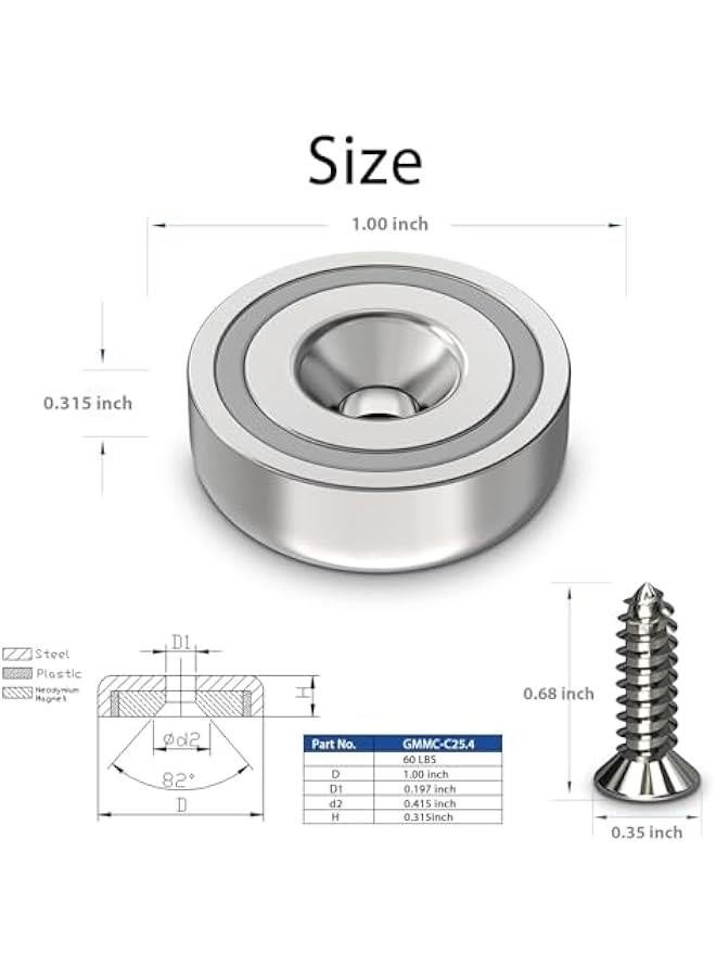 Neodymium Round Base Cup Magnets with Heavy Duty Countersunk Hole, 60 lbs Strong Rare Earth Magnets with Screws for Refrigerator, Office, DIY, Craft, Dia-1 Inch, Pack of 12 - Image 3