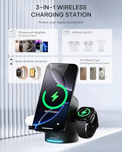ZEEHOO محطة شحن ZEEHOO 3 في 1 لأجهزة آبل، حامل شاحن مغناطيسي، شاحن لاسلكي Qi2 بقوة 15 واط مع دوران تلقائي لجهاز iPhone 17 16/15/14/13/12 وسماعات AirPods وساعة iWatch (أسود) - Image 4