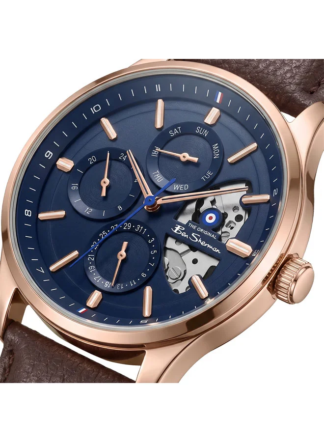 بين شيرمان St Albans Blue Dial Brown Genuine Leather Strap Multifunction Watch for Men, 43.5mm