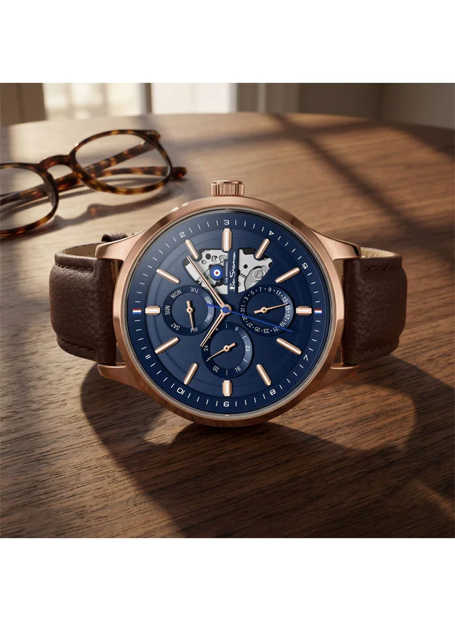 Ben Sherman Blue St Albans Blue Dial Brown Genuine Leather Strap Multifunction Watch for Men, 43.5mm for Men | Best Price UAE