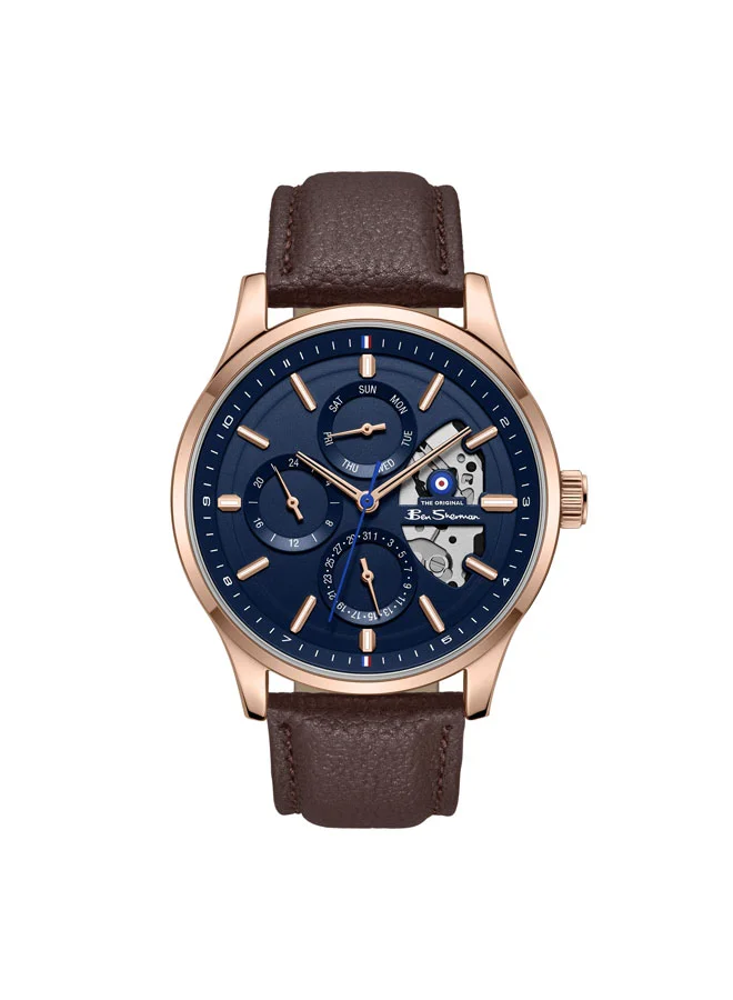 بين شيرمان St Albans Blue Dial Brown Genuine Leather Strap Multifunction Watch for Men, 43.5mm
