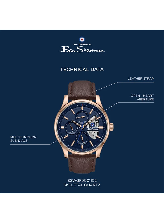 Ben Sherman Blue St Albans Blue Dial Brown Genuine Leather Strap Multifunction Watch for Men, 43.5mm for Men | Best Price UAE