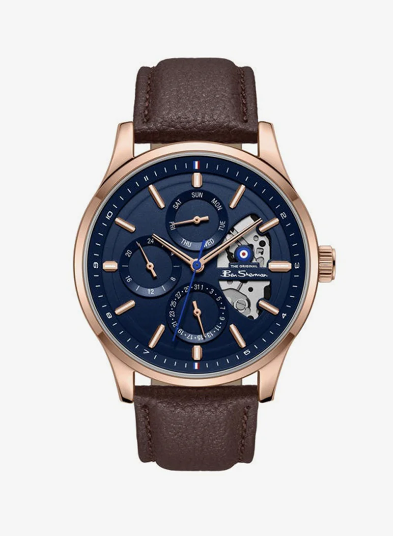 Ben Sherman St Albans Blue Dial Brown Genuine Leather Strap Multifunction Watch for Men, 43.5mm