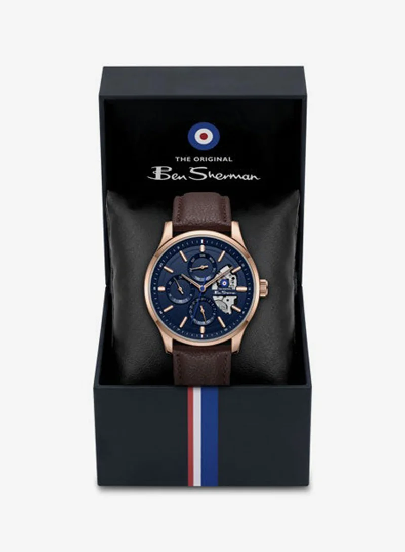 Ben Sherman Blue St Albans Blue Dial Brown Genuine Leather Strap Multifunction Watch for Men, 43.5mm for Men | Best Price UAE