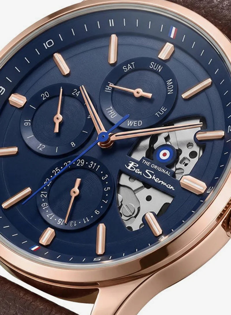 Ben Sherman St Albans Blue Dial Brown Genuine Leather Strap Multifunction Watch for Men, 43.5mm