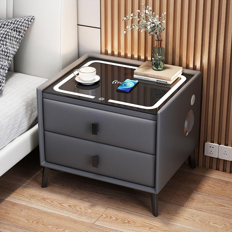 Harmony Homes Smart Nightstand with Wireless Charging, USB Ports & Bluetooth Speaker – Modern Bedside Table with 2 Drawers & Adjustable LED Lighting – Bedroom & Living Room Side Table – Dark Grey - Image 2