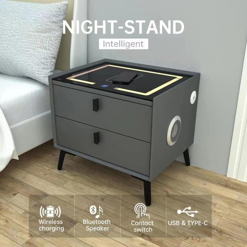 Harmony Homes Smart Nightstand with Wireless Charging, USB Ports & Bluetooth Speaker – Modern Bedside Table with 2 Drawers & Adjustable LED Lighting – Bedroom & Living Room Side Table – Dark Grey - Image 4