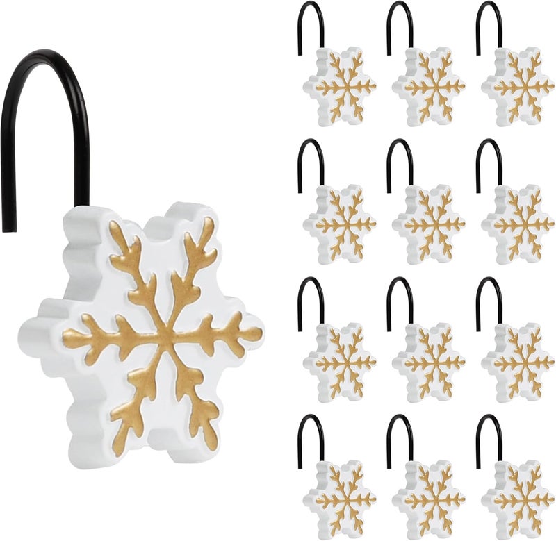 Sunlit Christmas Shower Curtain Hooks, Snowflakes Shower Curtain Rings with Black Hooks, Resin, White and Gold Christmas Decor, Winter Bathroom Decoration, Set of 12 - Image 1