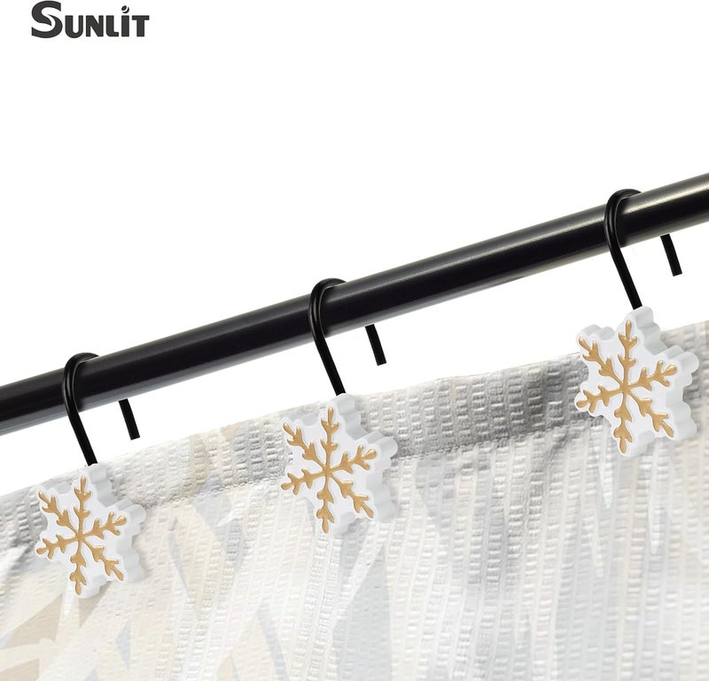 Sunlit Christmas Shower Curtain Hooks, Snowflakes Shower Curtain Rings with Black Hooks, Resin, White and Gold Christmas Decor, Winter Bathroom Decoration, Set of 12 - Image 4
