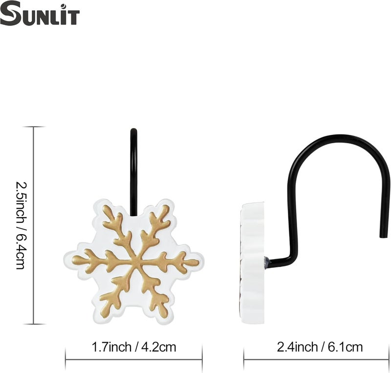 Sunlit Christmas Shower Curtain Hooks, Snowflakes Shower Curtain Rings with Black Hooks, Resin, White and Gold Christmas Decor, Winter Bathroom Decoration, Set of 12 - Image 3