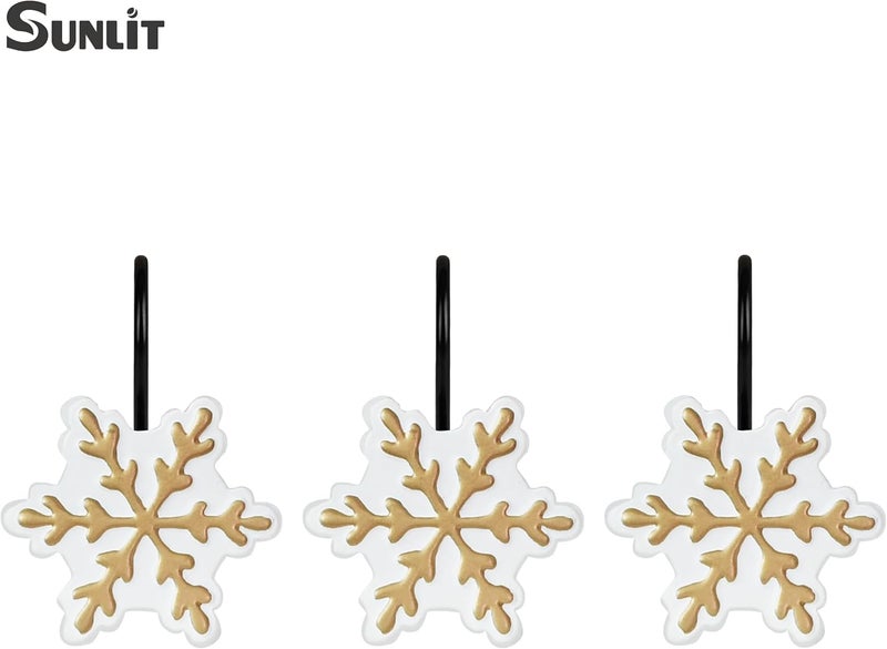 Sunlit Christmas Shower Curtain Hooks, Snowflakes Shower Curtain Rings with Black Hooks, Resin, White and Gold Christmas Decor, Winter Bathroom Decoration, Set of 12 - Image 2