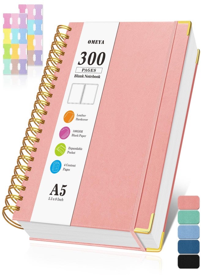 OMEYA Blank Spiral Notebook: Leather Sketch Book, 300 Pages Hardcover Unlined Notebook for Women Men,100GSM Thick No Bleed Paper Journal, A5 Small Art Sketchbook for Drawing Writing Work, 5.5" x 8", Pink - Image 1