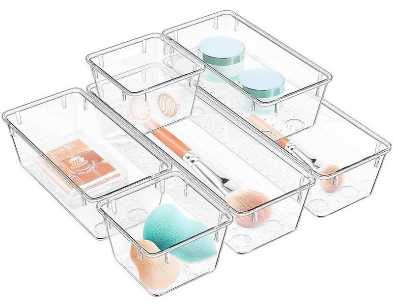 في توب مارت مجموعة منظم أدراج أكريليك من 6 قطع - صناديق تخزين شفافة لمستحضرات التجميل، ولوازم المكتب، وأدوات المطبخ، وغيرها | فواصل أدراج قابلة للتكديس، متينة، ومضادة للانزلاق - Image 1