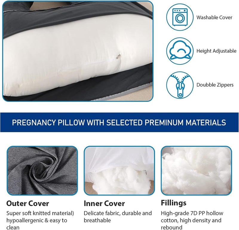 VTERLY Pregnancy Pillows, 180cm Long Maternity Pillows, U-Shape Full Body Pillow, Cooling Cover, Pregnancy Pillows for Sleeping, Body Pillows, Maternity Pillow - Black - Image 3