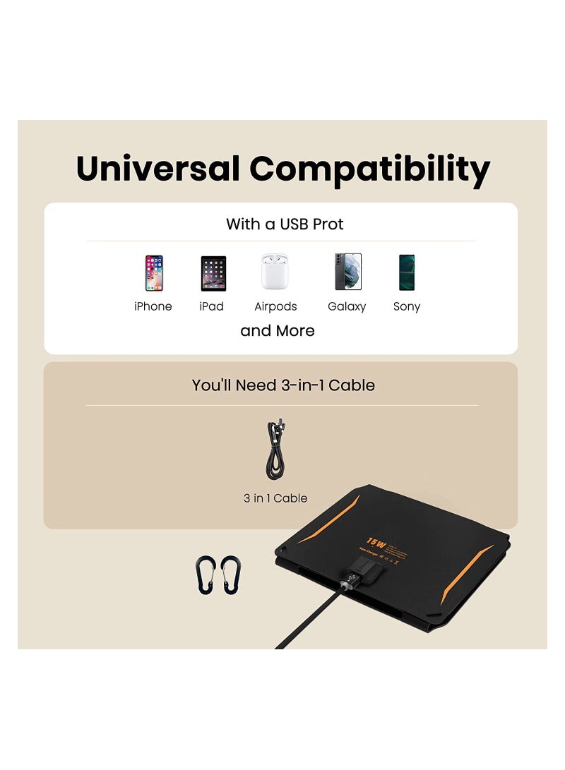 شاحن محمول يعمل بالطاقة الشمسية بقوة 15 وات (5.5 فولت / 2.9 أمبير كحد أقصى) ، مقاوم للماء IP67 مع منفذ USB متوافق مع iPhone و iPad و Samsung للتنزه والتخييم في الهواء الطلق - Image 3