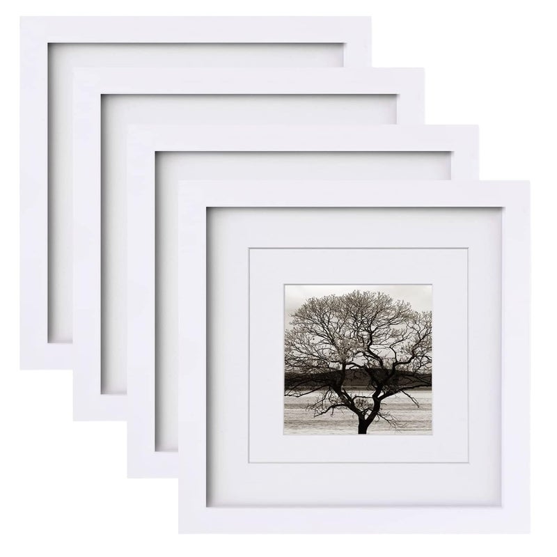 Egofine Egofine 8x8 Picture Frames 4 PCS - Made of Solid Wood Covered by Plexiglass for Table Top Display and Wall Mounting Photo Frame for Pictures 4x4/6x6 with Mat White  - Image 1