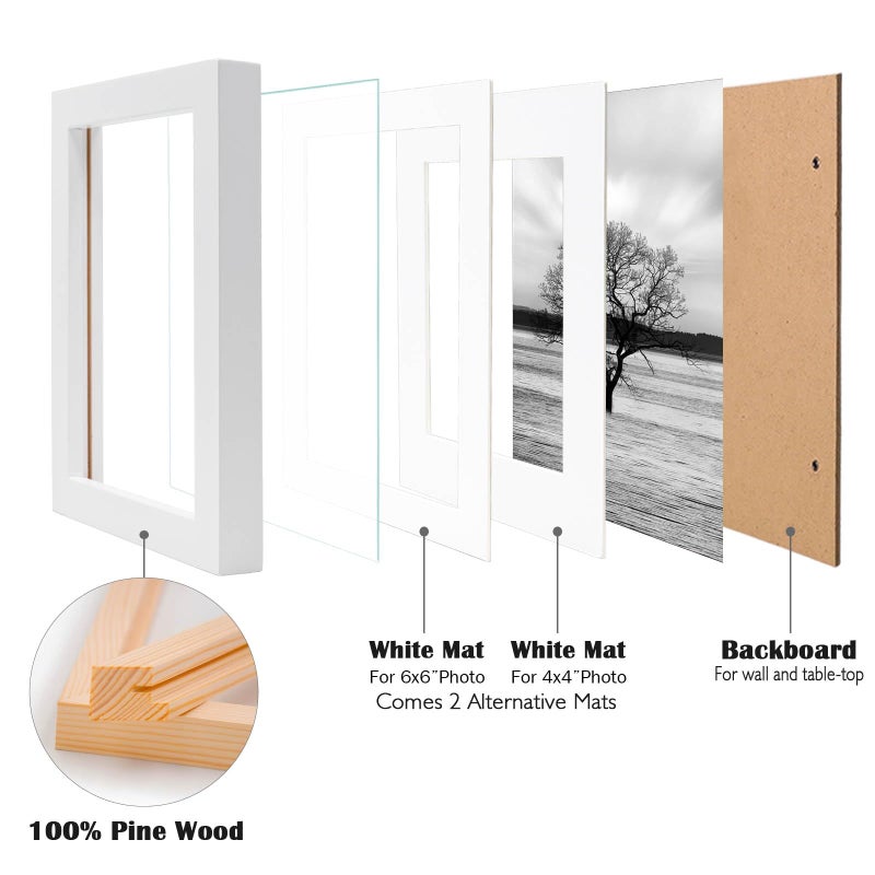 Egofine Egofine 8x8 Picture Frames 4 PCS - Made of Solid Wood Covered by Plexiglass for Table Top Display and Wall Mounting Photo Frame for Pictures 4x4/6x6 with Mat White  - Image 3