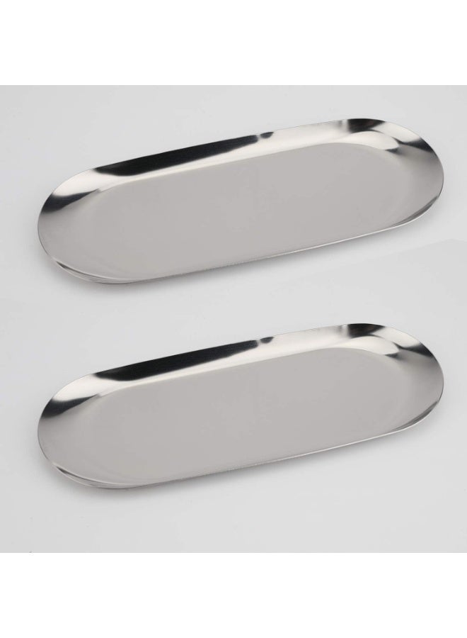 2 Pack Oval Stainless Steel Decorative Trays, 9 Inch Mirror Polished Storage Trays, Silver Organizer Plates for Jewelry Cosmetics Bathroom Vanity - Image 1