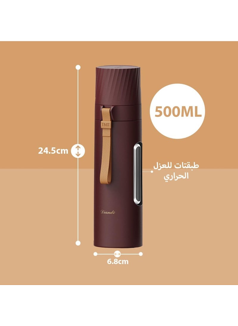 Generic - hanso Flask Sports Water Bottle Large Capacity Bottle Insulated Cup Travel Water Bottles with Handle Cups, Durable Stainless Steel Insulated Water Bottle with Snap Cap and Water Cup, 500ML (Brown) - Image 1