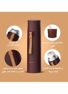 Generic hanso Flask Sports Water Bottle Large Capacity Bottle Insulated Cup Travel Water Bottles with Handle Cups, Durable Stainless Steel Insulated Water Bottle with Snap Cap and Water Cup, 500ML (Brown)  - Image 3