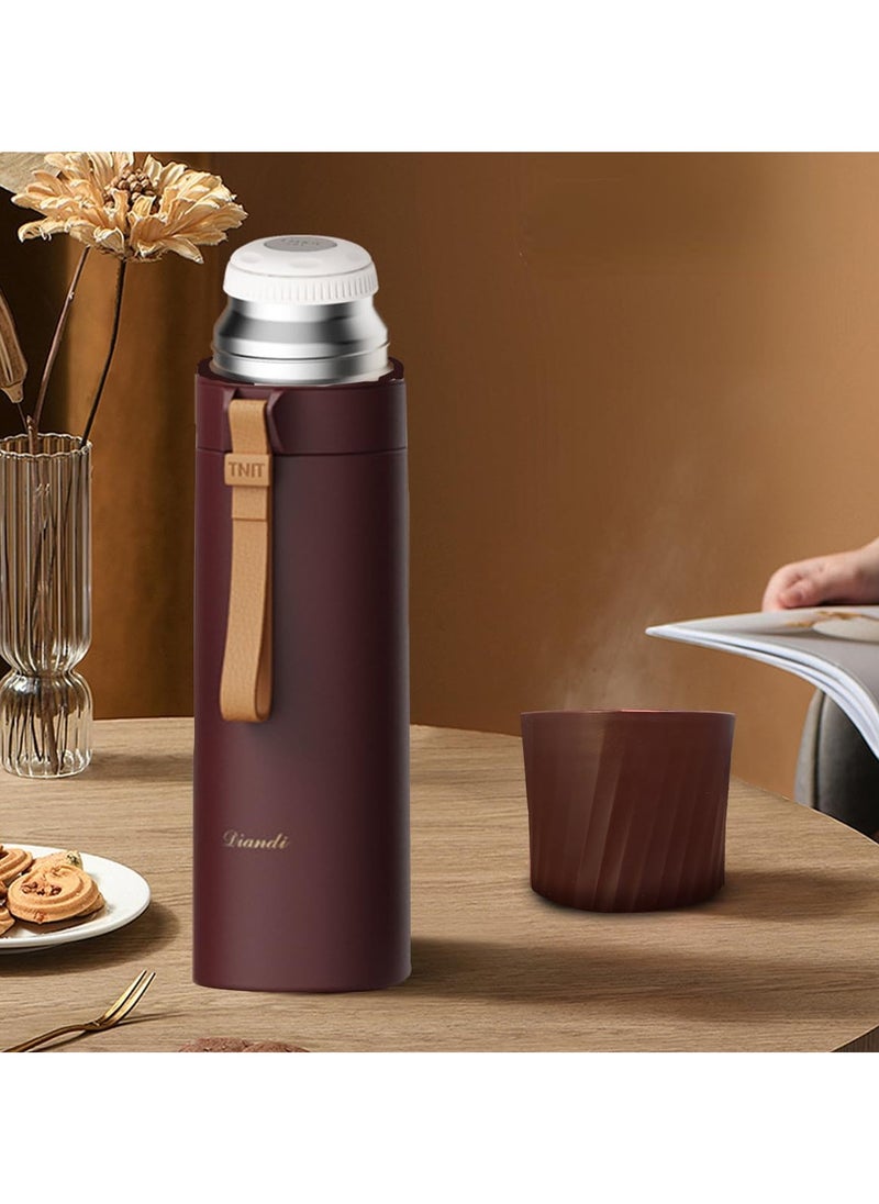 Generic - hanso Flask Sports Water Bottle Large Capacity Bottle Insulated Cup Travel Water Bottles with Handle Cups, Durable Stainless Steel Insulated Water Bottle with Snap Cap and Water Cup, 500ML (Brown) - Image 1
