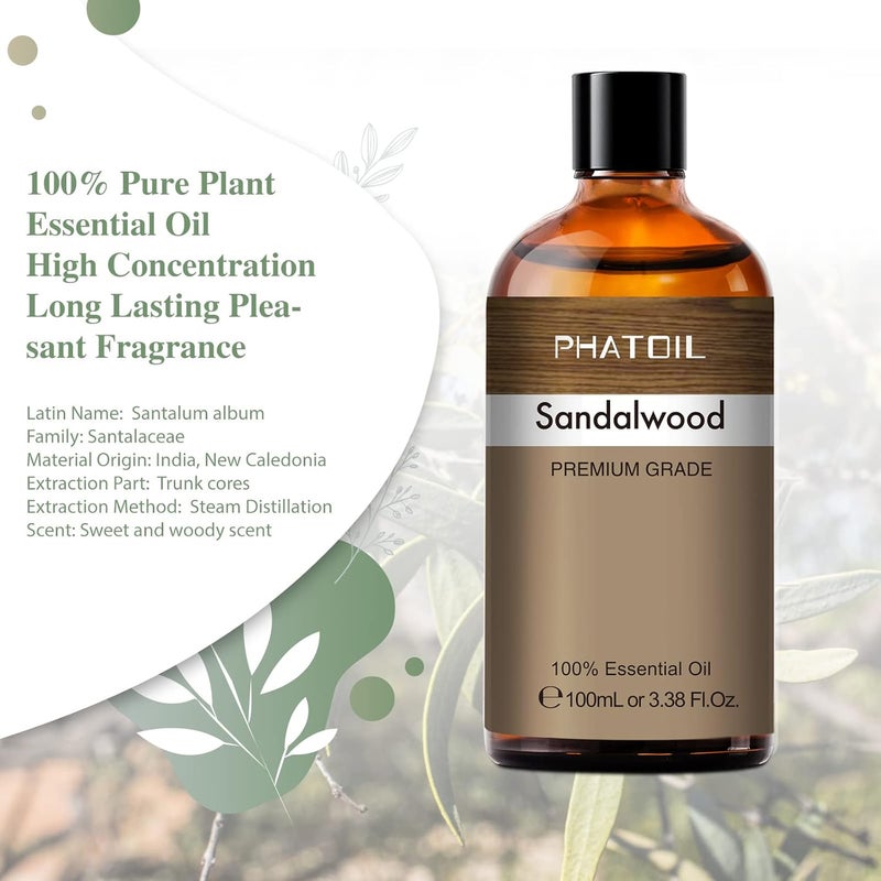 PHATOIL Sandalwood Essential Oil 100ML, Pure Premium Grade Sandalwood Essential Oils for Diffuser, Humidifier, Aromatherapy, Candle Making - Image 2