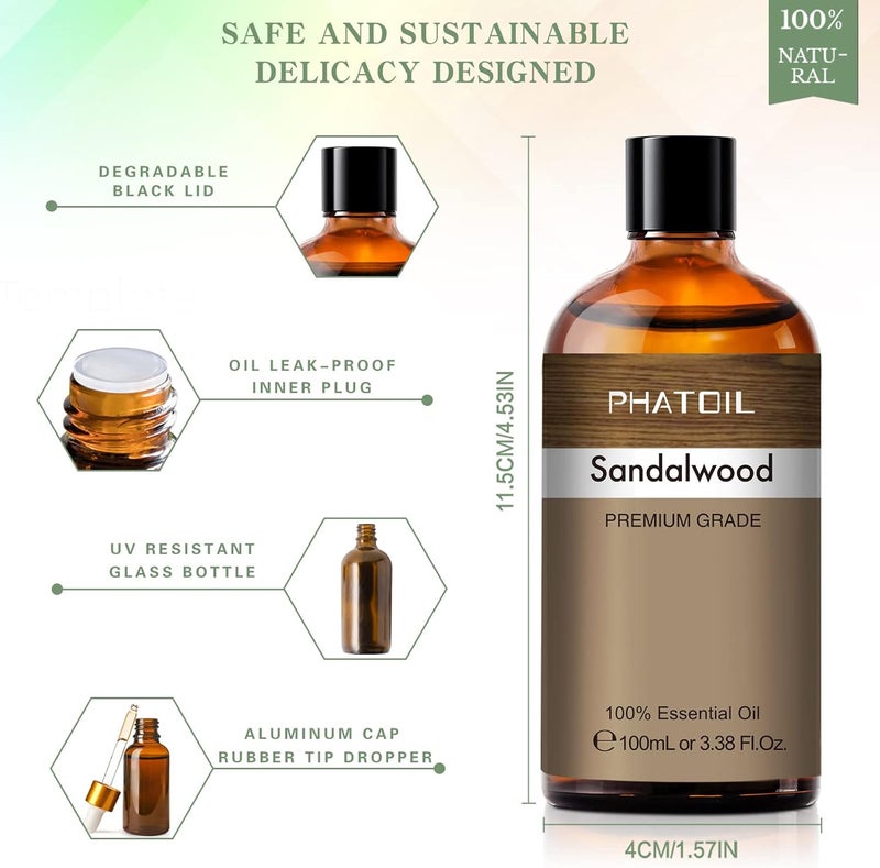PHATOIL Sandalwood Essential Oil 100ML, Pure Premium Grade Sandalwood Essential Oils for Diffuser, Humidifier, Aromatherapy, Candle Making - Image 3