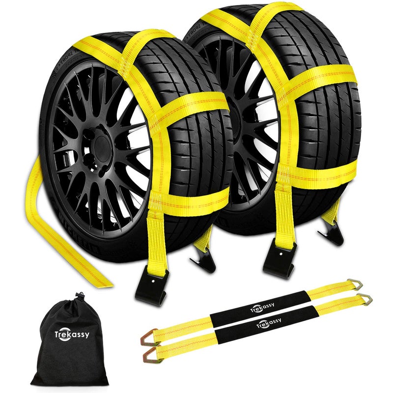 Trekassy Tow Dolly Straps for Car with Flat Hooks2 Pack Heavy Duty Car Tire Bonnet Net Fits 1417 Tires 10 000 lbs Break Strength Includes 2 Axle Straps
