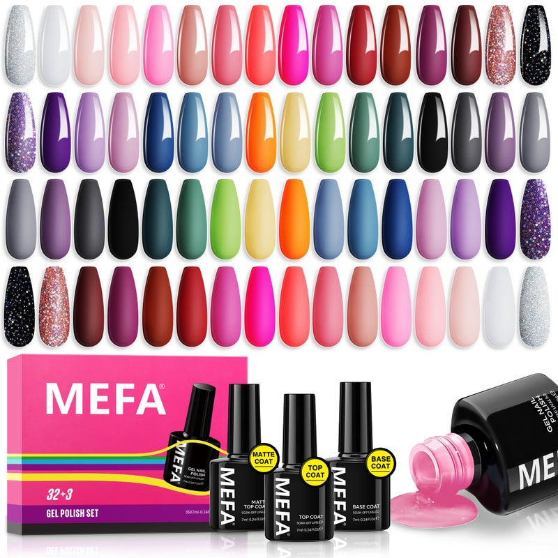 MEFA 35 Pcs Gel Nail Polish Set, 32 Colors All Seasons Collection Gel Nail Polish Kit with Base Coat No Wipe Glossy/Matte Top Coat Blue Red Pink Nail Art Manicure DIY Salon Home Gifts for Women Girls - Image 1