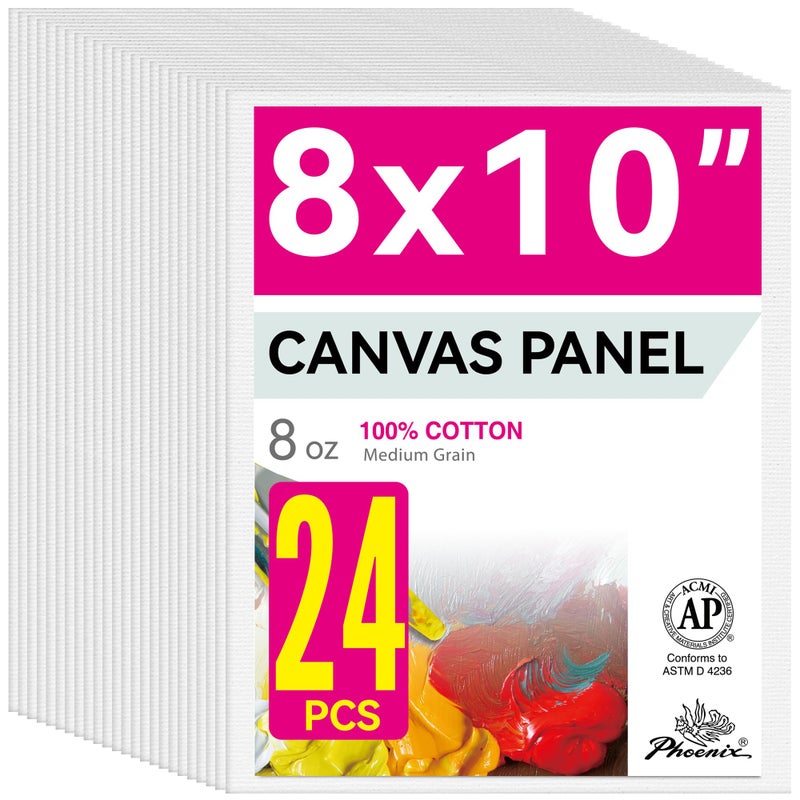 PHOENIX Painting Canvas Panels 8x10 Inch, 24 Bulk Pack - 8 Oz Triple Primed 100% Cotton Acid Free Canvases for Painting, White Blank Flat Canvas Boards for Acrylic, Oil Paints - Image 1