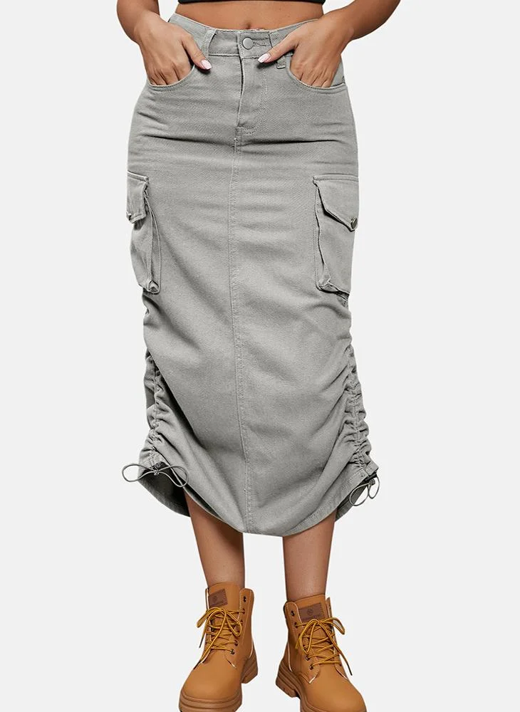 يونيكي Grey Mid Rise Plain Midi Skirt