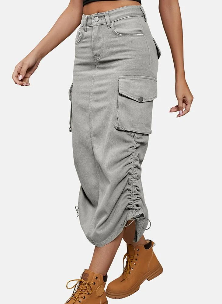 YUNIQEE Grey Mid Rise Plain Midi Skirt