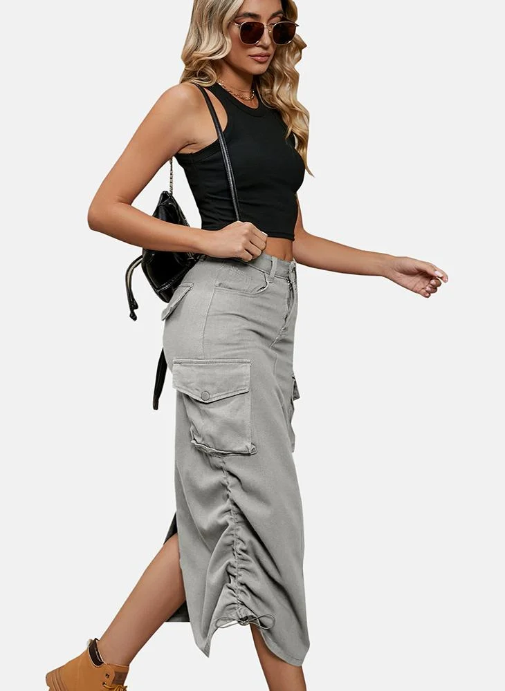 YUNIQEE Grey Mid Rise Plain Midi Skirt