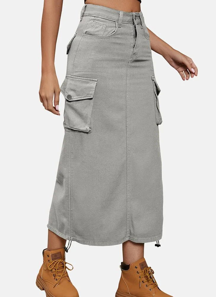 يونيكي Grey Mid Rise Plain Midi Skirt