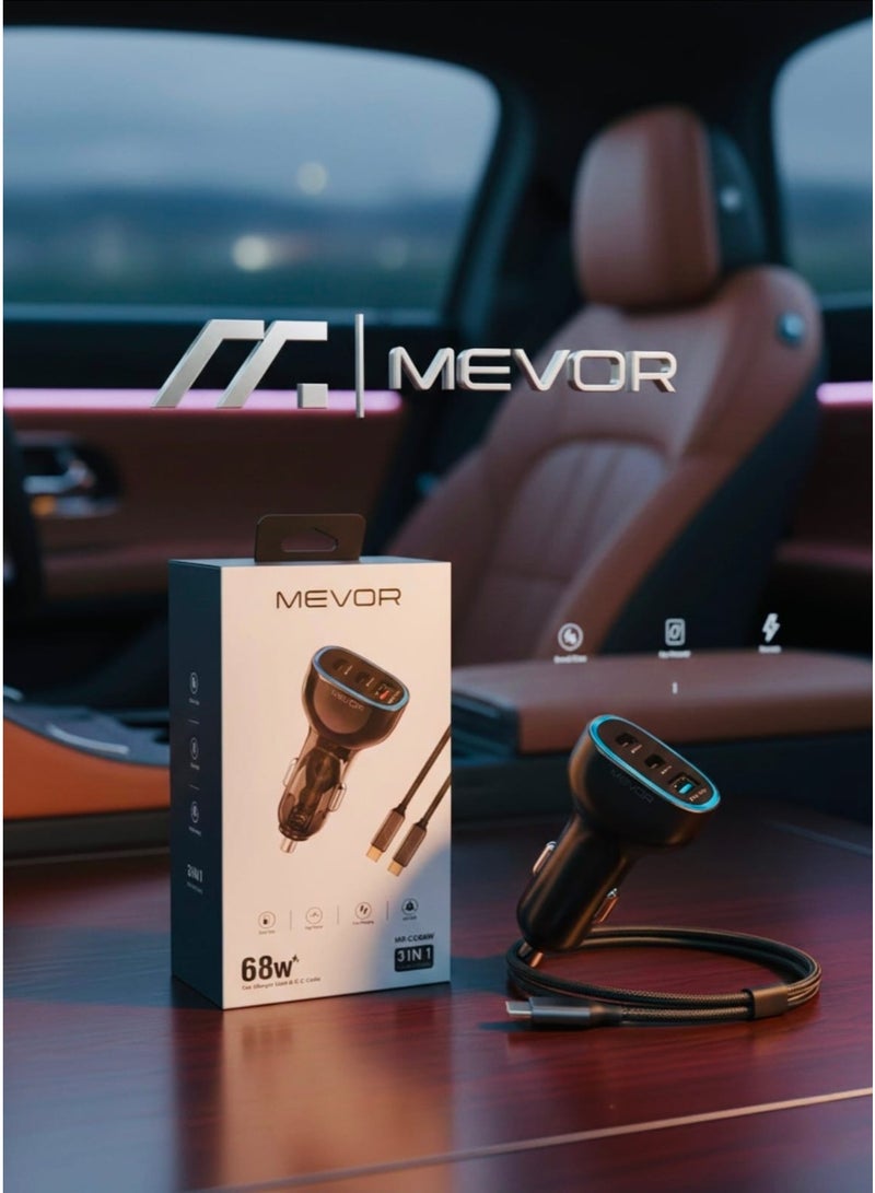 ميفور 68-W شاحن سيارة 3 في 1، مزود بثلاثة منافذ USB وكابل من نوع C-C - Image 1