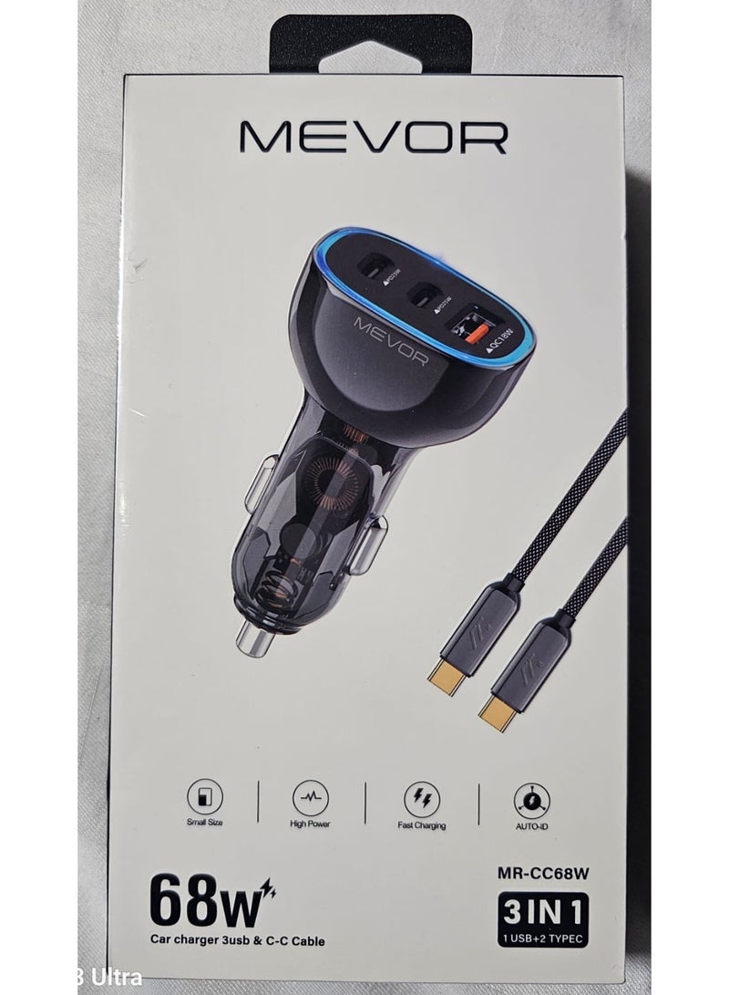 ميفور 68-W شاحن سيارة 3 في 1، مزود بثلاثة منافذ USB وكابل من نوع C-C - Image 2