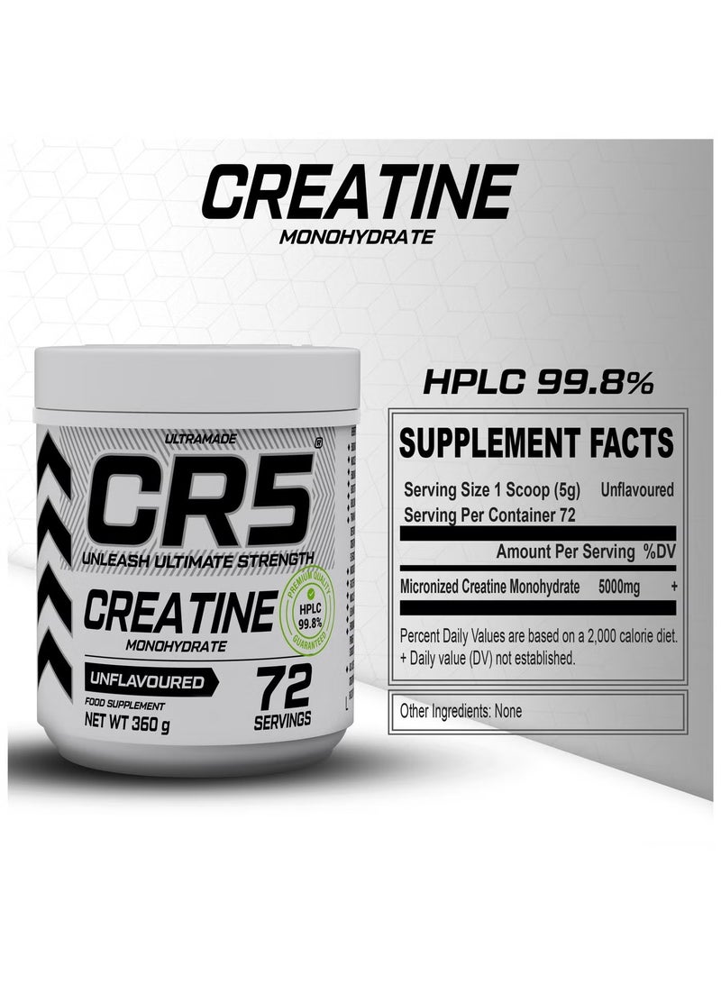 CR5 Creatine Monohydrate Unflavoured 360g 72 Servings Premium HPLC 99.8% Pure Micronized Creatine Powder - Image 4