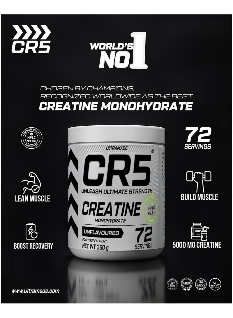 CR5 Creatine Monohydrate Unflavoured 360g 72 Servings Premium HPLC 99.8% Pure Micronized Creatine Powder - Image 3