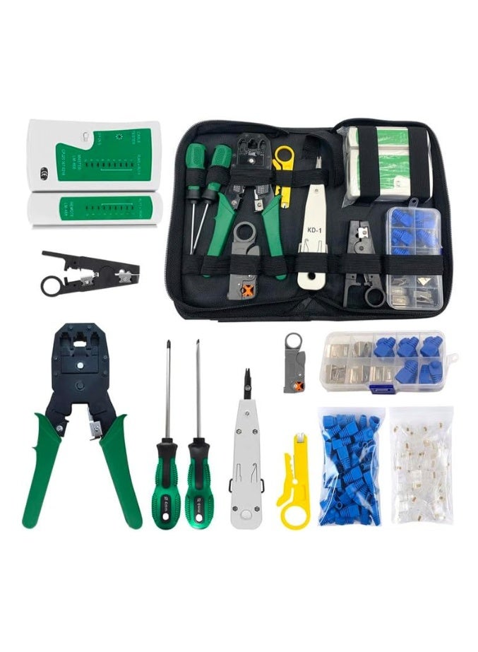 Reacon RJ11/RJ12/RJ45/CAT5/CAT6/Cat5e، أداة اختبار كابل الشبكة لصيانة الكمبيوتر الاحترافية، أداة إصلاح كابل محمولة، أداة ضغط الكابلات، مزيل العزل، حقيبة تعبئة 50 قطعة رأس كريستالي - Image 1