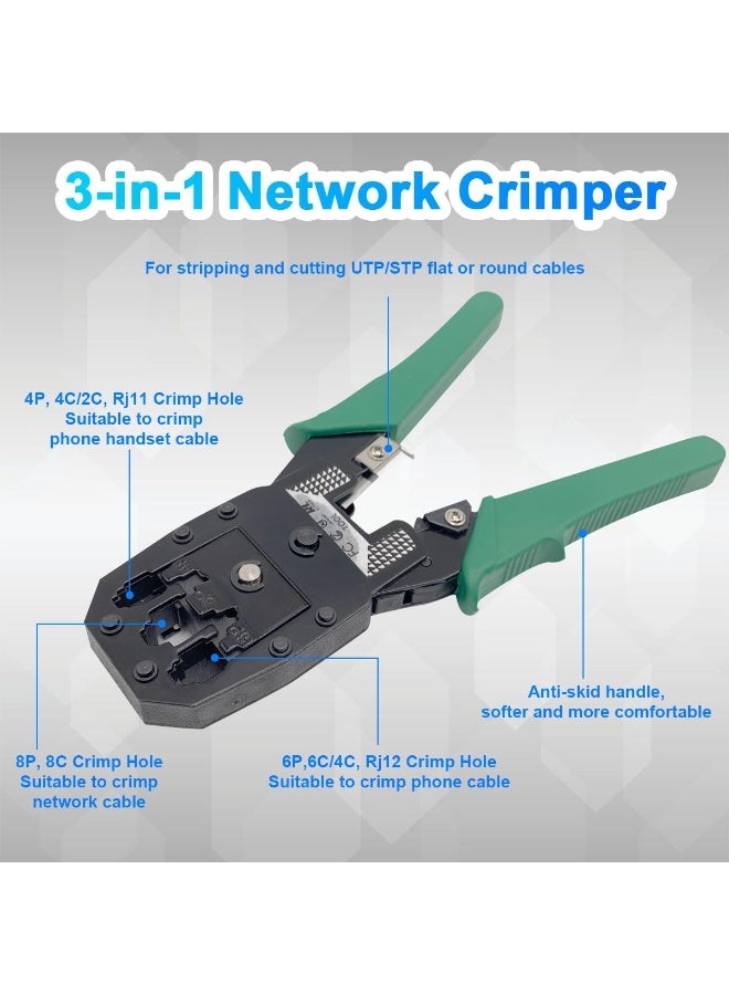 Reacon RJ11/RJ12/RJ45/CAT5/CAT6/Cat5e، أداة اختبار كابل الشبكة لصيانة الكمبيوتر الاحترافية، أداة إصلاح كابل محمولة، أداة ضغط الكابلات، مزيل العزل، حقيبة تعبئة 50 قطعة رأس كريستالي - Image 2